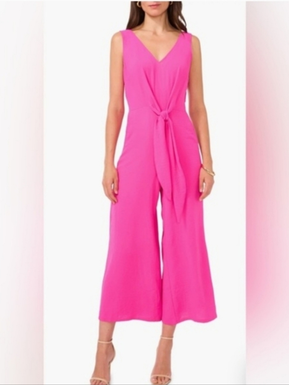 Vince Camuto Sleeveless V-Neck Tie-Front Wide-Leg Jumpsuit in Bright Pink